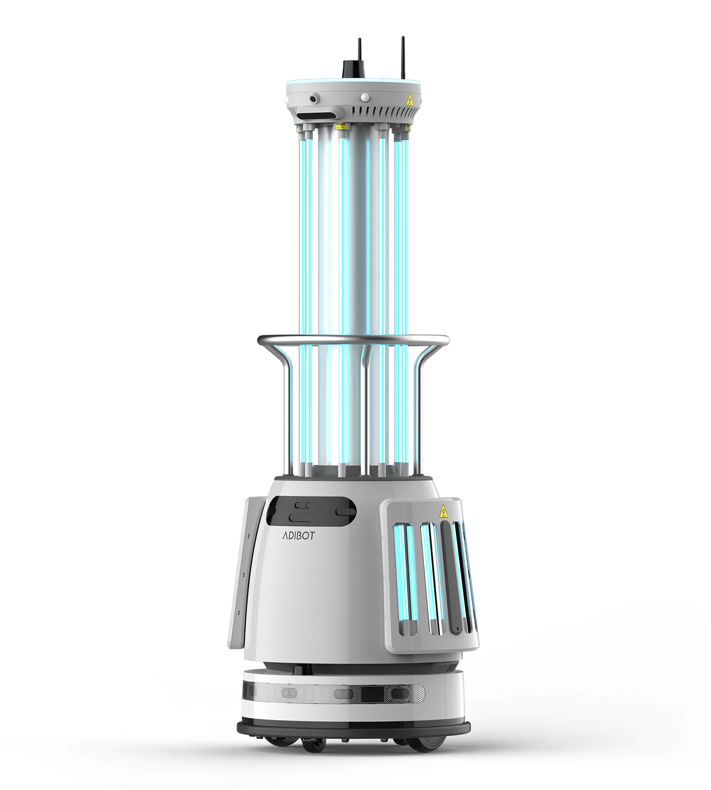 The UBTECH Adibot-A disinfection robot, with its UV-C lamps on