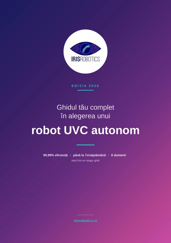 Cover of the 2026 UV-C disinfection robots guide, in Romanian