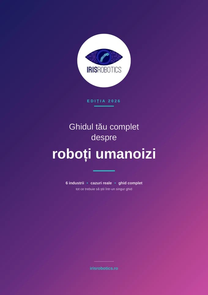 Cover of the 2026 edition of the IRIS Robotics guide to humanoid robots, in Romanian