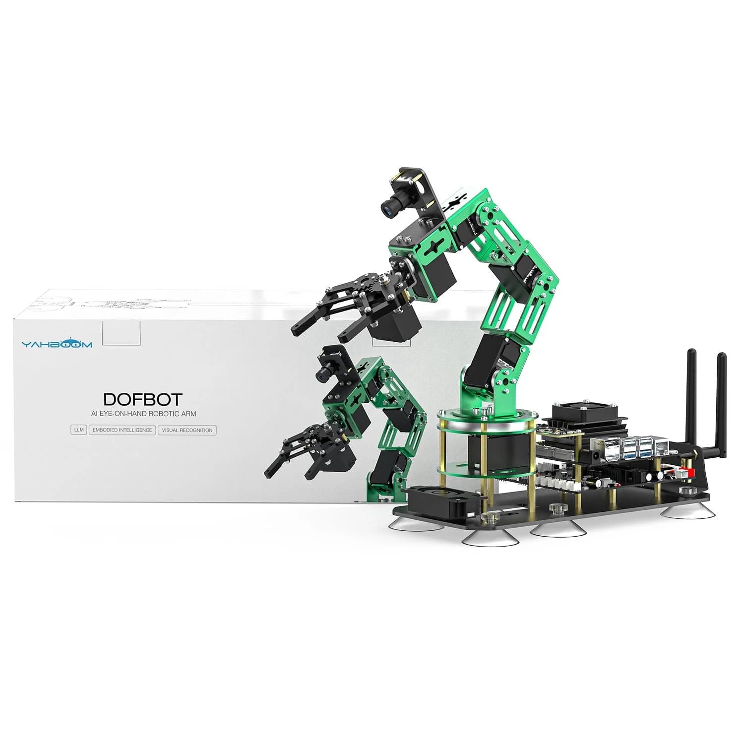 Brațul robotic Yahboom DOFBOT cu Jetson Nano, montat, lângă ambalajul original