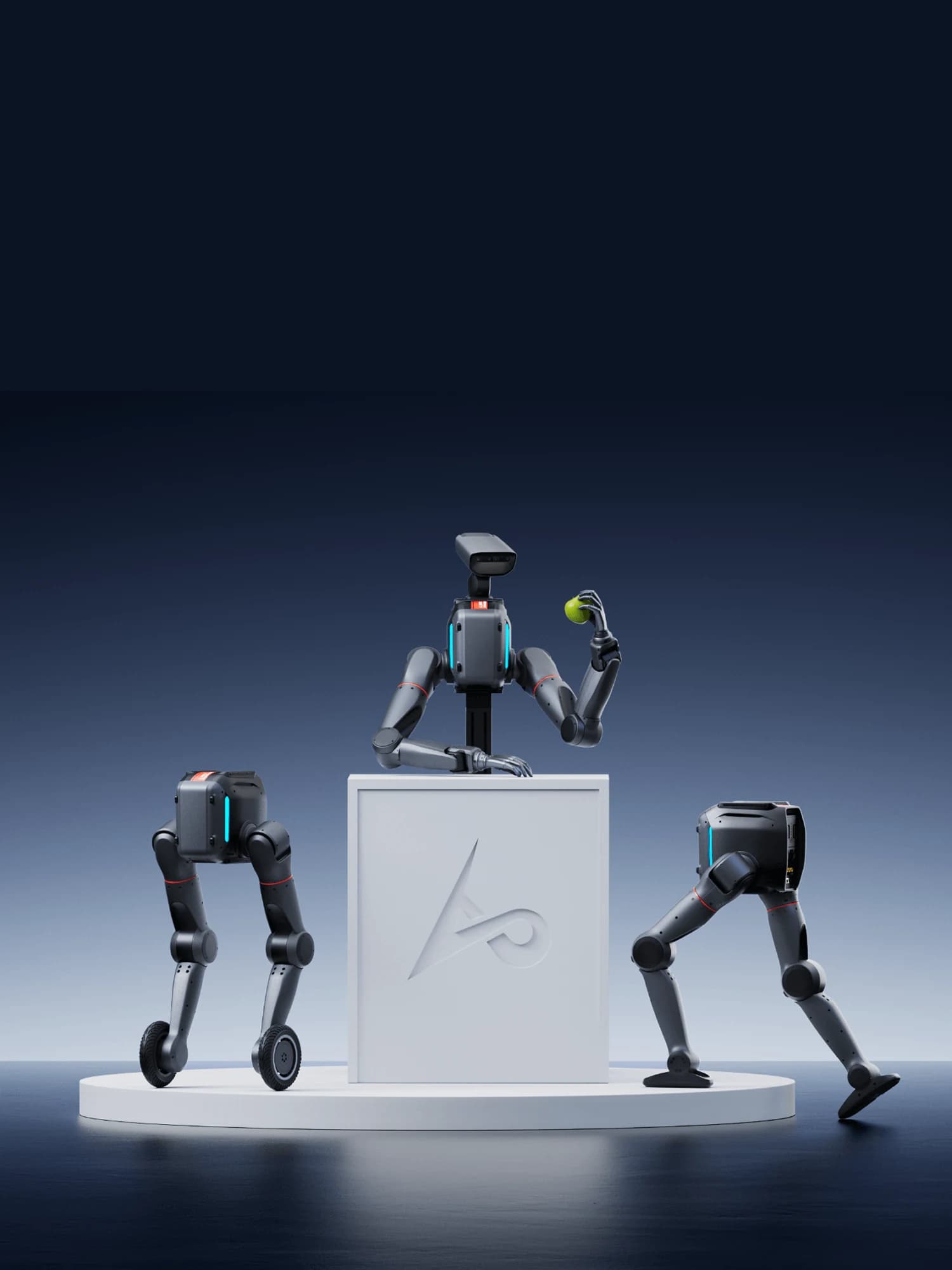LimX TRON2, cele trei forme (cu brațe, pe roți, biped) pe un piedestal