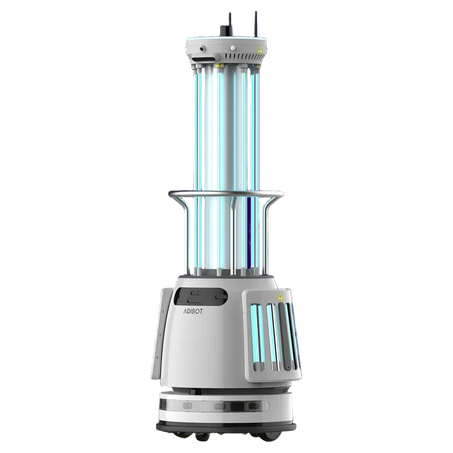 The UBTECH Adibot-A disinfection robot, with its UV-C lamps on